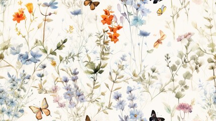  a watercolor painting of flowers and butterflies on a white background with blue, orange, pink, and yellow colors.