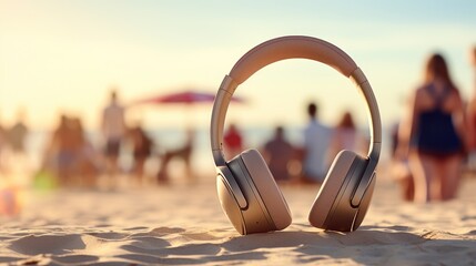 group of people listening to music on the beach - obrazy, fototapety, plakaty
