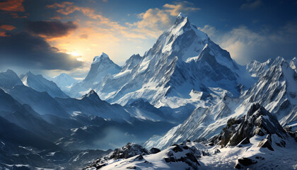 Majestic mountain peak, nature panoramic beauty generated by AI