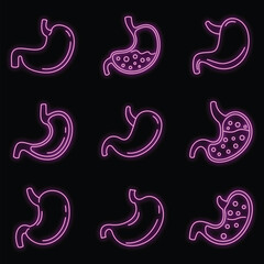 Human stomach icons set. Outline set of human stomach vector icons neon color on black