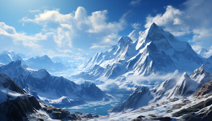 Fototapeta na wymiar Majestic mountain peak, snow covered, tranquil scene generated by AI