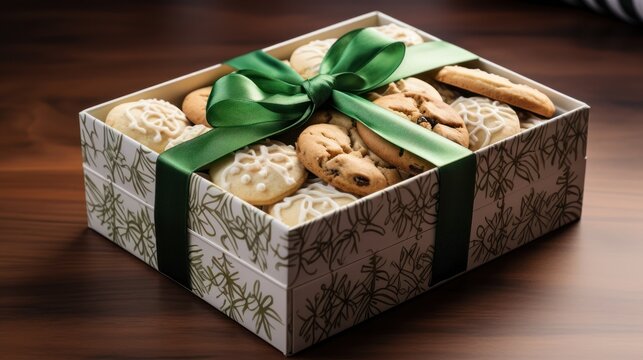 gift box brimming with cookies and adorned with a ribbon