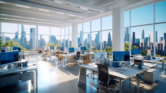 Very bright modern open office without people with large windows from which you can see large buildings. Corporate architecture