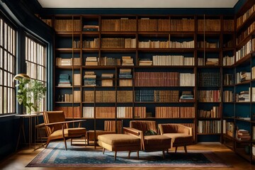 A mid-century modern home's vintage library, adorned with classic bookshelves and retro design elements