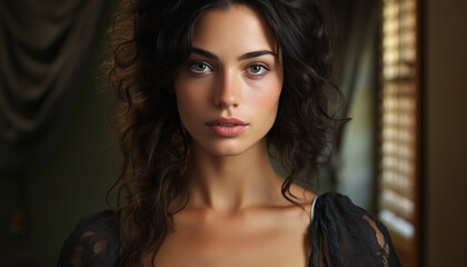 Young woman with long brown hair looking at camera generated by AI