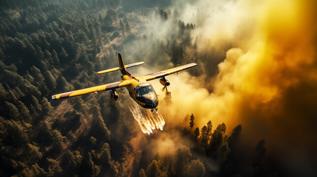 Top view photo of Rescue firefighting aircraft extinguish a forest fire by dumping water on a burning forest