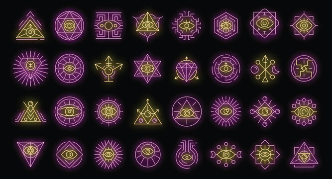 Alchemy icons set. Outline set of alchemy vector icons neon color on black