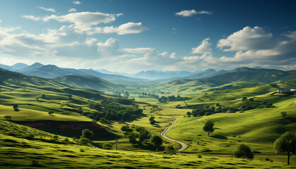Green meadow, blue sky, mountain peak, tranquil scene generated by AI