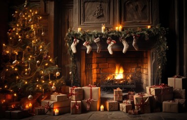 Fototapeta na wymiar interior christmas. magic glowing tree, fireplace, gifts in dark