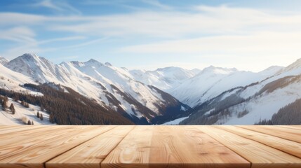 wood background and snowy mountains with snow