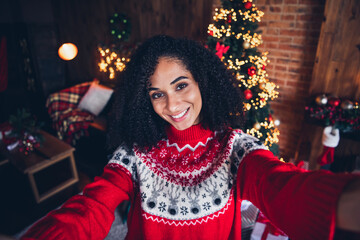 Photo of cute peaceful young person beaming smile take selfie evergreen new year tree decor illumination apartment inside