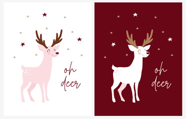 Oh Deer. Winter Holidays Vector Card. Cute Happy Reindeer Among Stars. Funny Baby Stag isolated on a White and Dark Red Background. Chistmas Print ideal for Card,Wall Art.Lovely Cartoon of Deer.Rgb.