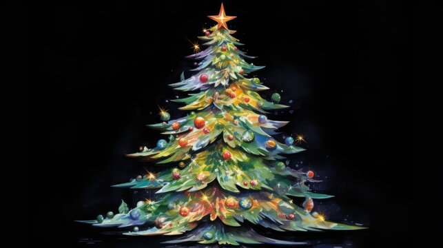  a painting of a lit christmas tree on a black background with a star on the top of the christmas tree.