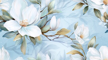  a painting of white flowers with green leaves on a light blue background with a pattern of leaves and flowers on a light blue background.