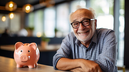 Happy senior man wearing glasses saving money for retirement with a piggy bank - obrazy, fototapety, plakaty