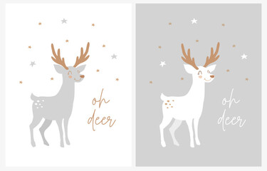 Oh Deer. Winter Holidays Vector Card. Cute Happy Reindeer Among Stars. Funny Baby Stag isolated on a White and Light Gray Background. Chistmas Print ideal for Card,Wall Art.Lovely Cartoon of Deer.Rgb.