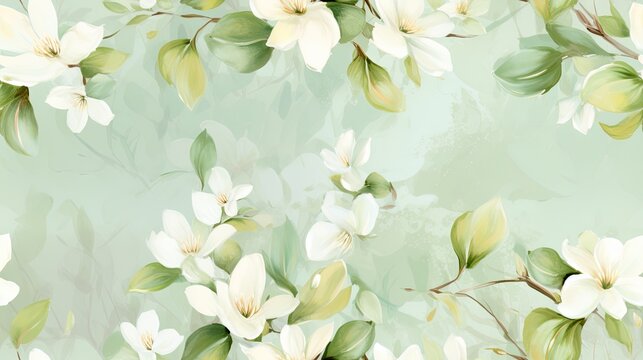  a painting of white flowers and green leaves on a light green background with a pastel blue sky in the background.