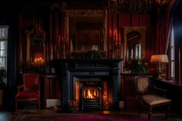 The opulent appeal of a Victorian era home's fireplace, with intricate mantels and the charm of historical warmth - obrazy, fototapety, plakaty