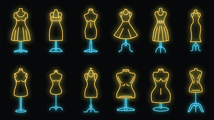 Mannequin atelier icons set. Outline set of mannequin atelier vector icons neon color on black