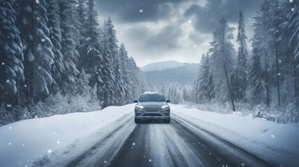 Snowy winter road with car and forest on the side