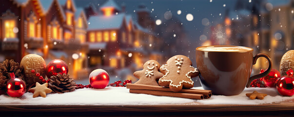 Christmas cup of the cinnamon tea and cake with decoration on the wooden table .