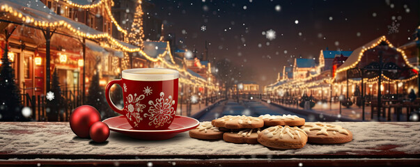 Christmas cup of the cinnamon tea and cake with decoration on the wooden table .