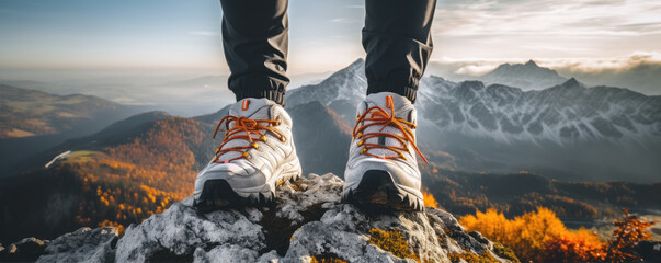 Close up sneakers in the mountain climbing - obrazy, fototapety, plakaty