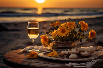 Romantic Beach Sunset Dining with Wine and Flowers