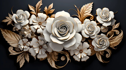 Wallpaper Elegant Metallic Floral Composition in White and Gold