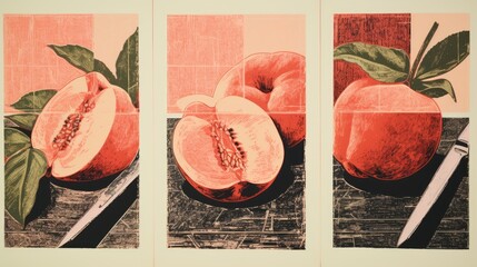  three pictures of peaches with a knife on a cutting board and a block of paper with a piece of fruit on it.