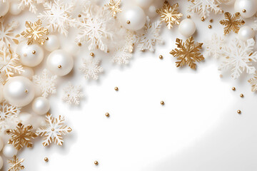 Fototapeta na wymiar Festive Christmas Background with White and Gold Snowflakes and Pearls