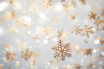 Fototapeta na wymiar Golden Snowflakes with Bokeh Lights Festive Background