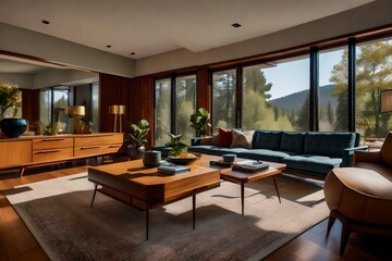 The comfort and sophistication of a mid-century modern home's family room, with period-accurate furnishings and a view of the classic natural surroundings
