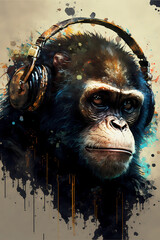 Artistic Chimpanzee with Headphones in Vibrant Paint Splashes