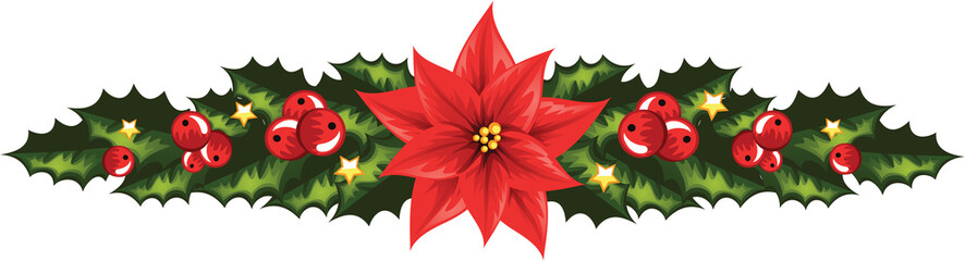 Christmas detail. Festive vector illustration. Green leaves. Banner with poinsettia flower. 