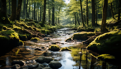 Tranquil scene of flowing water in a forest generated by AI