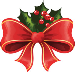 Christmas detail. Festive vector illustration. Green leaves.Ribbon. Bow. Berry. Berries.