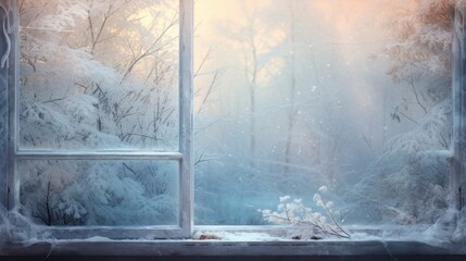  a window that has a view of a snowy forest outside of it and the sun shining through the window pane.