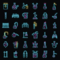 School chemical laboratory experiment icons set. Outline set of school chemical laboratory experiment vector icons neon color on black