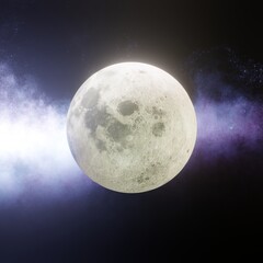 Bright full super moon glowing with pink halo surrounded by stars on black sky background