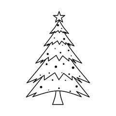 Fototapeta premium Hand drawn Christmas tree. Elegant black and white Christmas tree decorated with baubles. Sketch of a decorated monochrome fir tree. Merry christmas and happy new year. Isolated vector illustration
