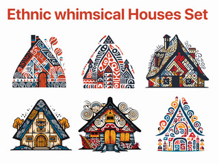 Vector ornamental traditional decorative house set illustration. Abstract historical mythology cabin logo. Good for print or tattoo