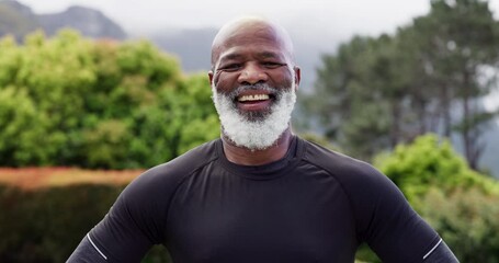 Senior black man, face and exercise in park with smile, pride and wellness in retirement, nature and wellness. Elderly African person, happy and outdoor with trees for health, training or workout