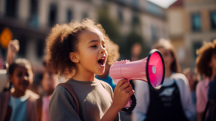 A girl with a megaphone is speaking to the members of a protest for the end of poverty: a call to global action to eradicate poverty and hunger.  - obrazy, fototapety, plakaty