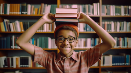 A young student excited to get new books. he is holding a stack of books on his head while in the school library researching for a project, back to school concept.