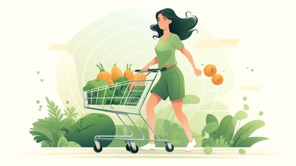 Obraz na płótnie Canvas Girl pushing a cart from a supermarket. Girl goes shopping