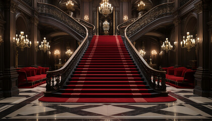 Luxury staircase illuminated with modern lighting, showcasing elegance and history generated by AI - obrazy, fototapety, plakaty