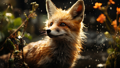 Cute red fox looking at camera in forest generated by AI