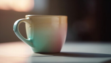 Fototapeta premium Hot coffee in blue mug on wooden table by window generated by AI