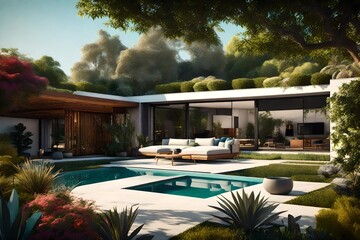 A mid-century modern home's private garden oasis, with a minimalist landscape that complements the architectural beauty